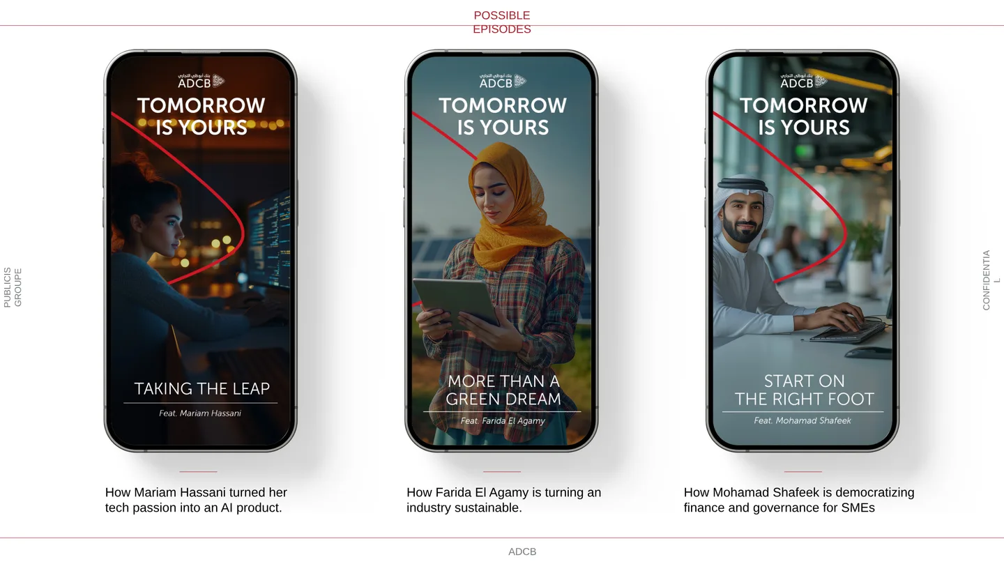 Three phone mock-ups of the Tomorrow Is Yours web series, each featuring a young Emirati founder.