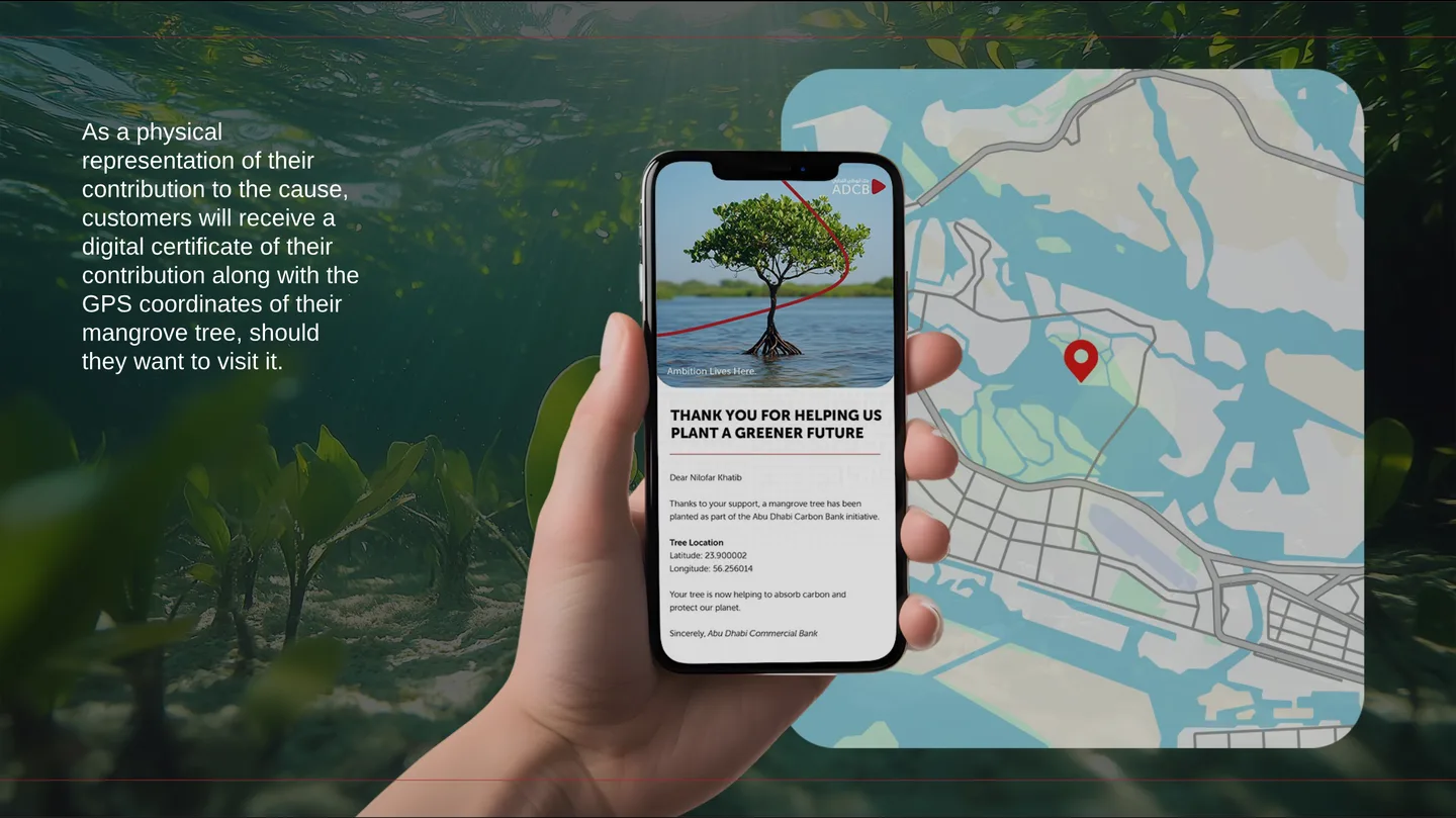 A phone showing a digital certificate with the GPS location of a customer’s mangrove tree.