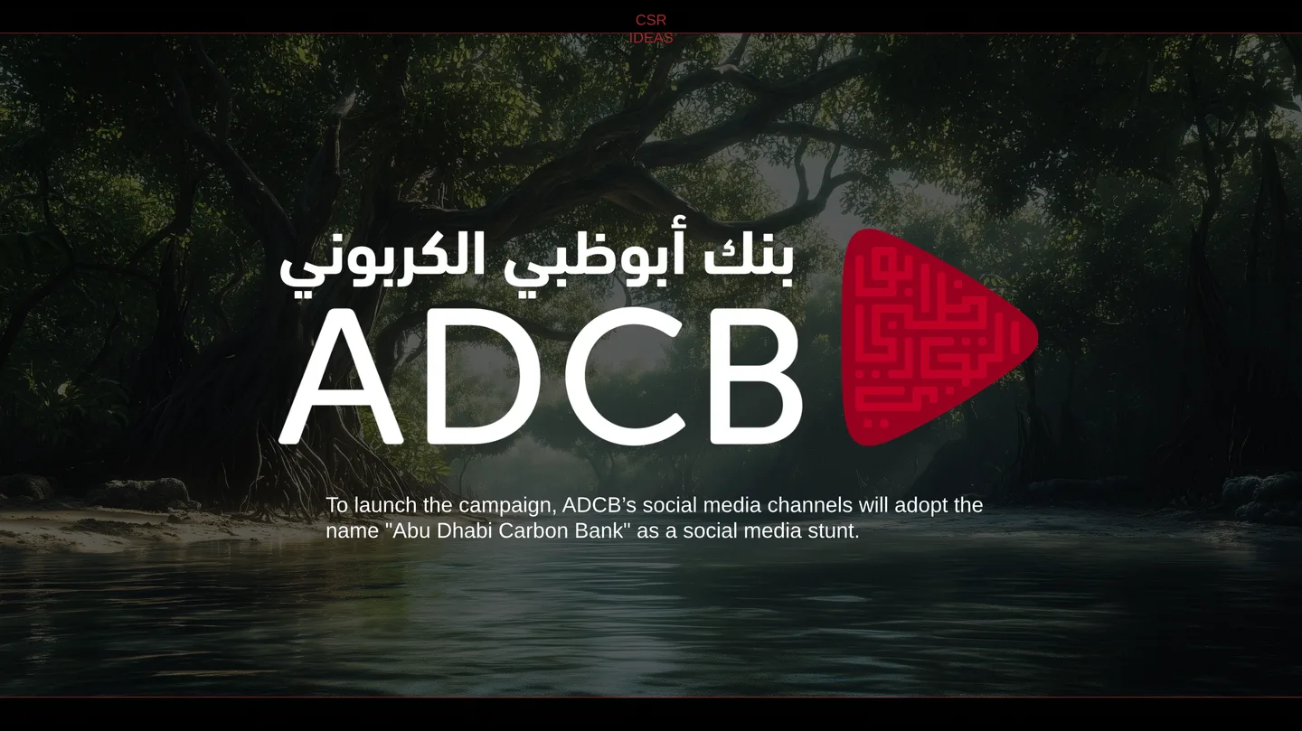 The ADCB logo with its Arabic name changed to read Abu Dhabi Carbon Bank, over a mangrove forest.