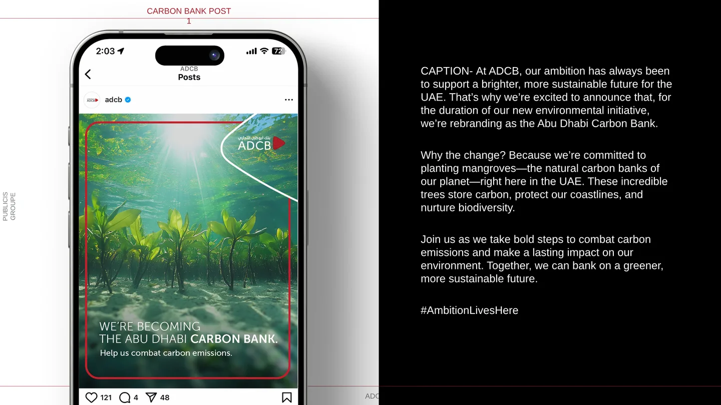 Instagram post announcing ADCB is becoming the Abu Dhabi Carbon Bank.