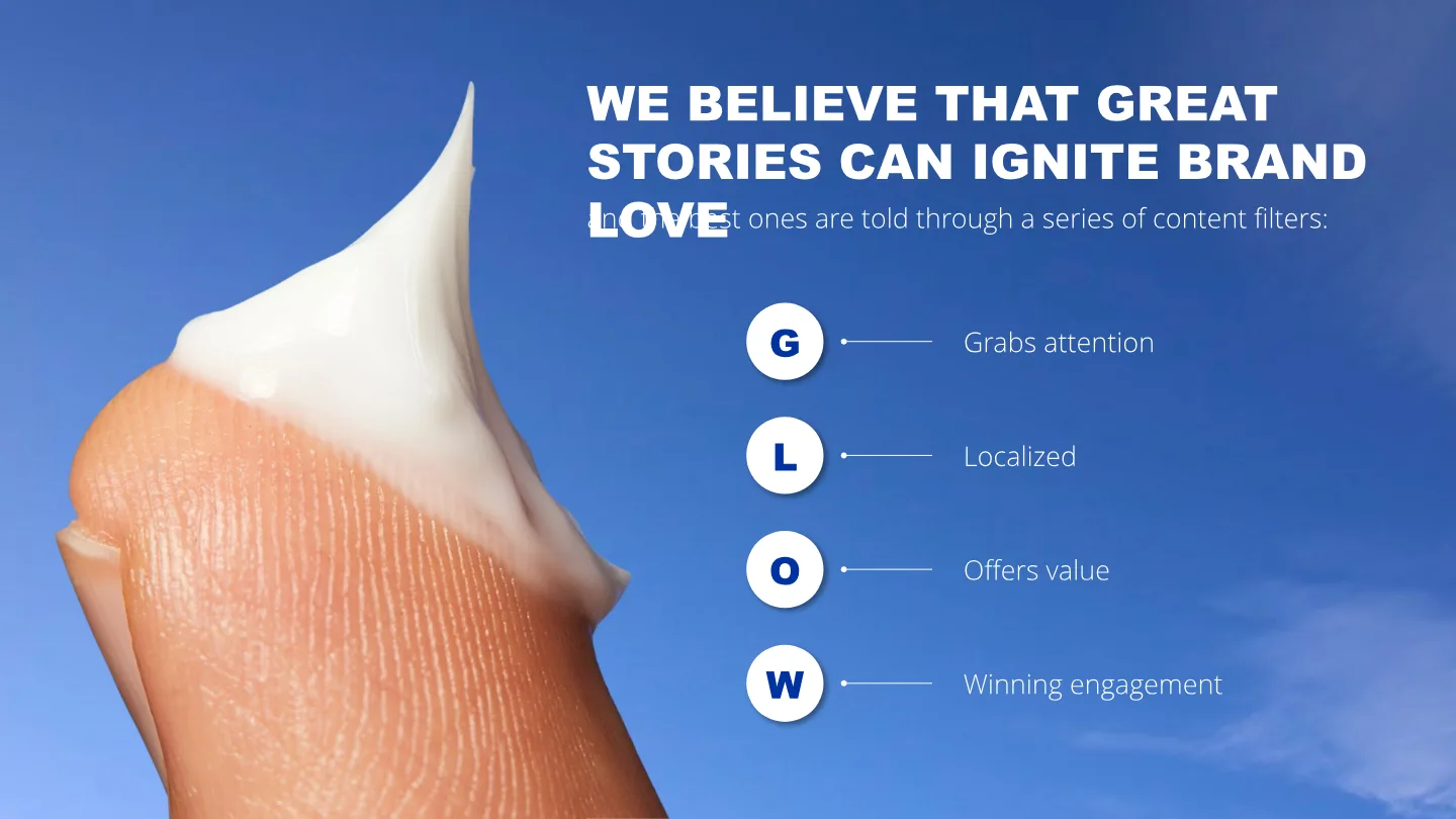 The GLOW framework: Grabs attention, Localized, Offers value, Winning engagement, beside a dab of NIVEA cream on a fingertip.