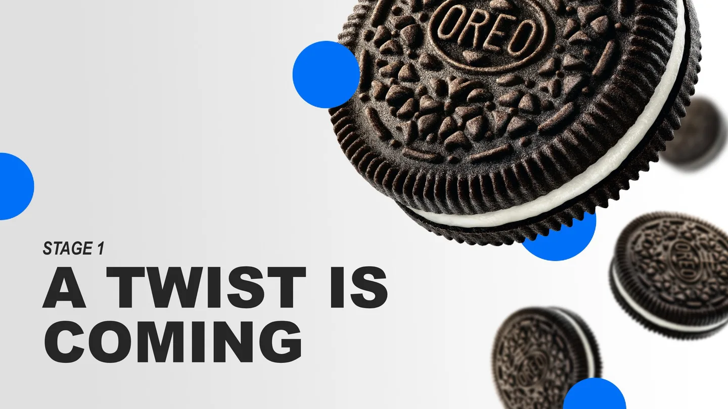 Stage 1: A Twist Is Coming, with a cascade of OREO cookies.