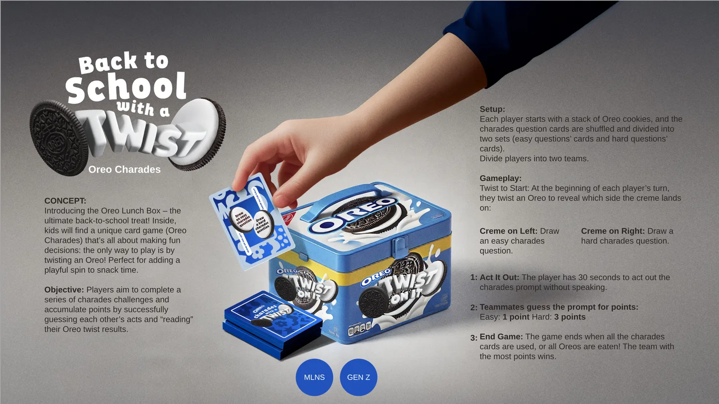 Back to School with a Twist: an OREO lunch tin with a charades card game played by twisting a cookie.