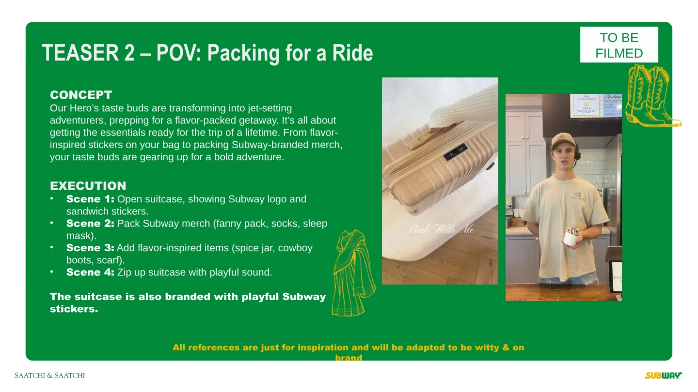 Teaser 2 slide, “POV: Packing for a Ride”, with suitcase and outfit references.