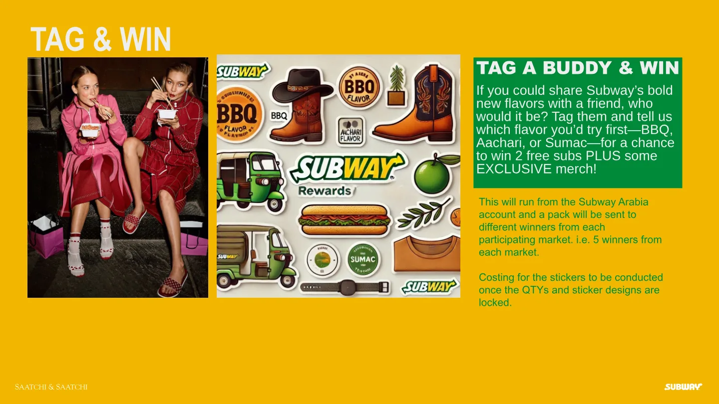 Tag & Win slide with a sheet of BBQ, Aachari and Sumac travel stickers.