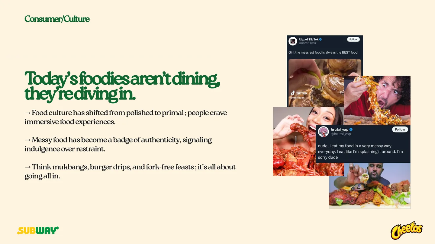 Culture slide: “Today’s foodies aren’t dining, they’re diving in,” with social posts of messy food.