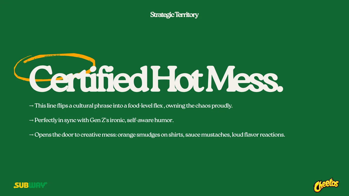 Strategic territory slide reading “Certified Hot Mess.” on Subway green.