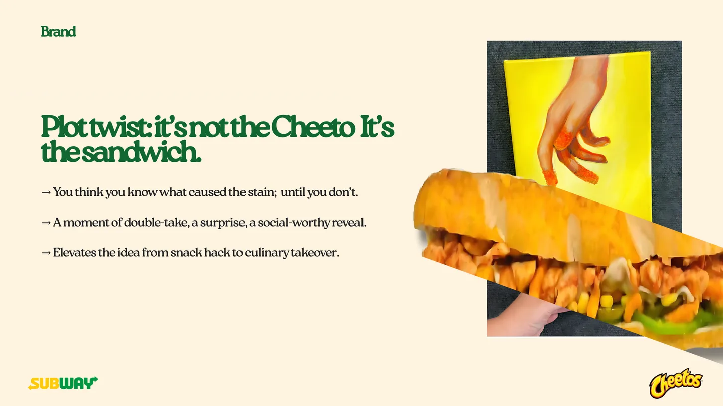 Slide: “Plot twist: it’s not the Cheeto. It’s the sandwich,” with an orange-dusted hand.