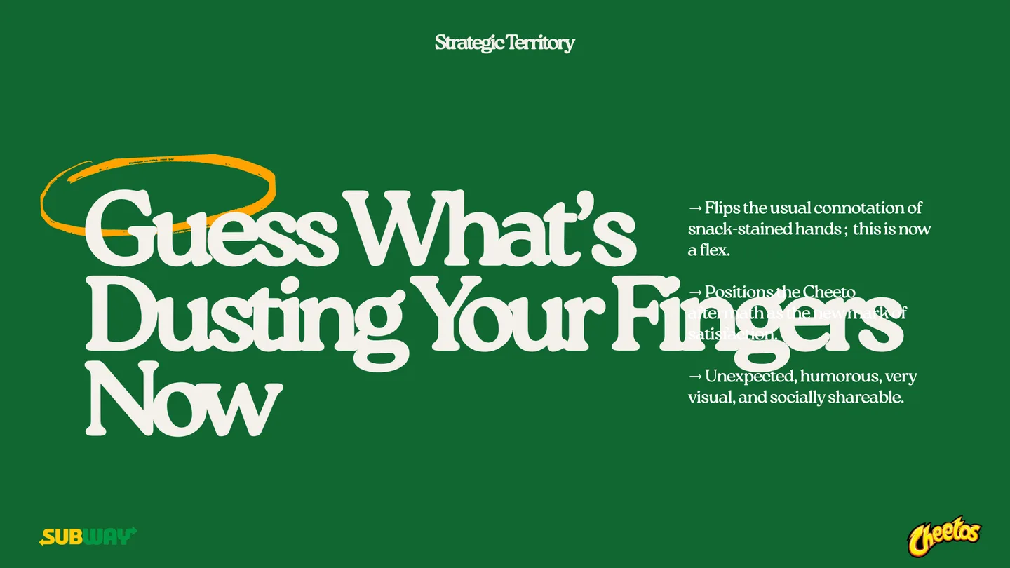 Strategic territory slide reading “Guess What’s Dusting Your Fingers Now”.